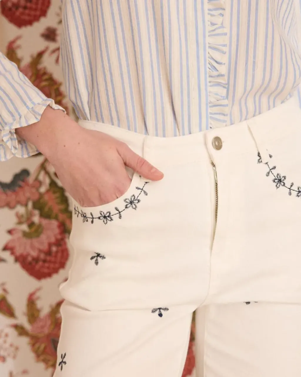 Polin et moi Pantalones*Vaquero Bordado Marino Bea blanco